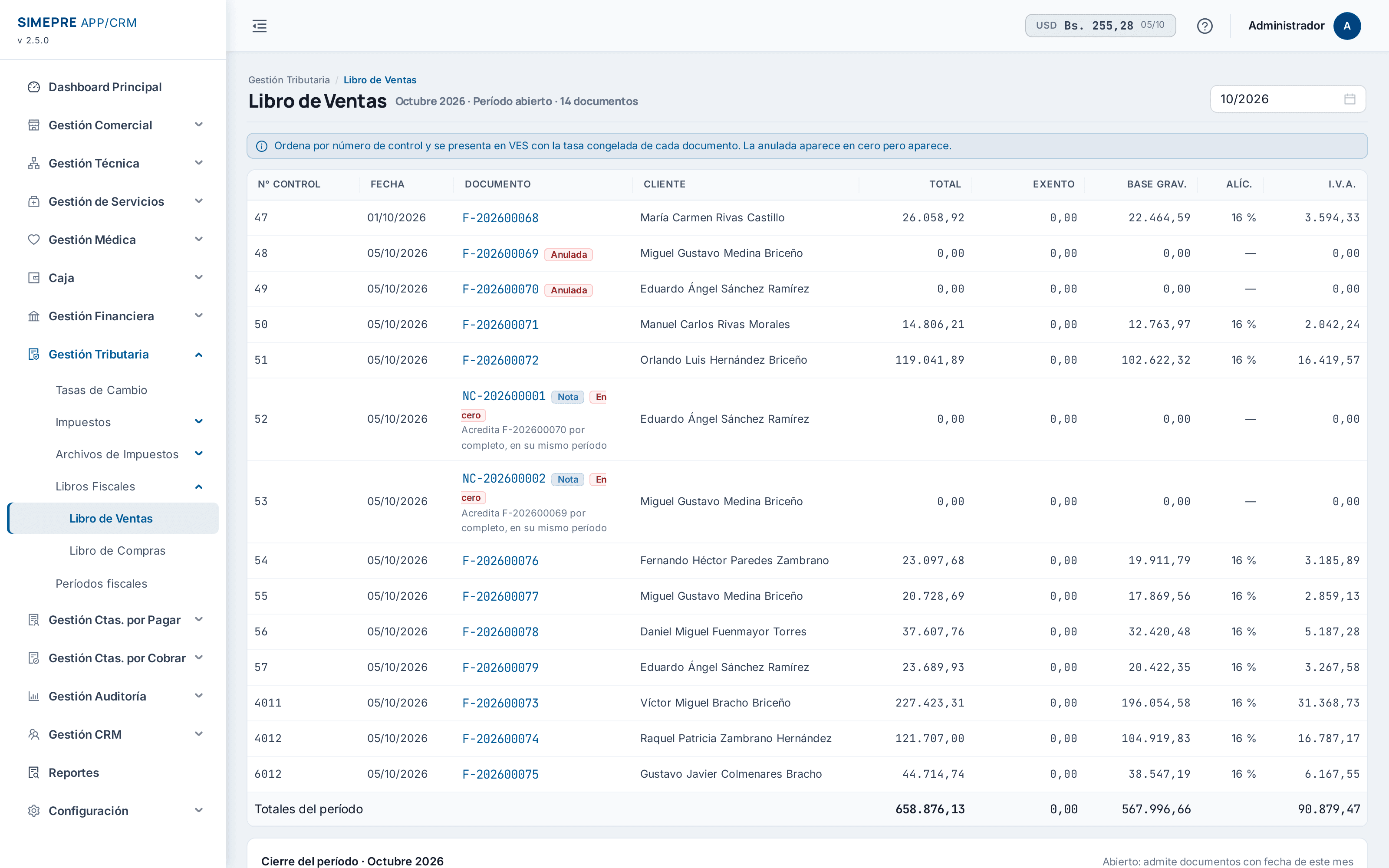 SIMEPRE: libro de ventas del período con número de control, documento, base gravada e IVA